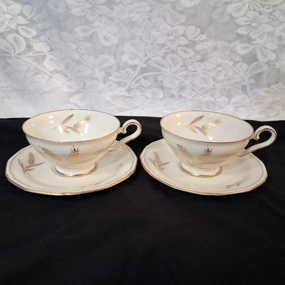 Vintage Teacups Royal Tettau Germany US Zone Wheat Sheaf 24k Trim China Pair